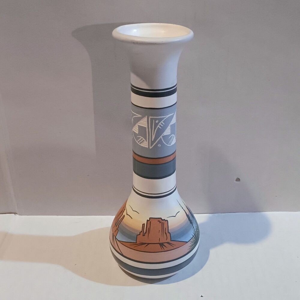 Vintage Signed Cedar Mesa Naatsilid Bud Vase-Navajo-Monument Valley-Etched-90s